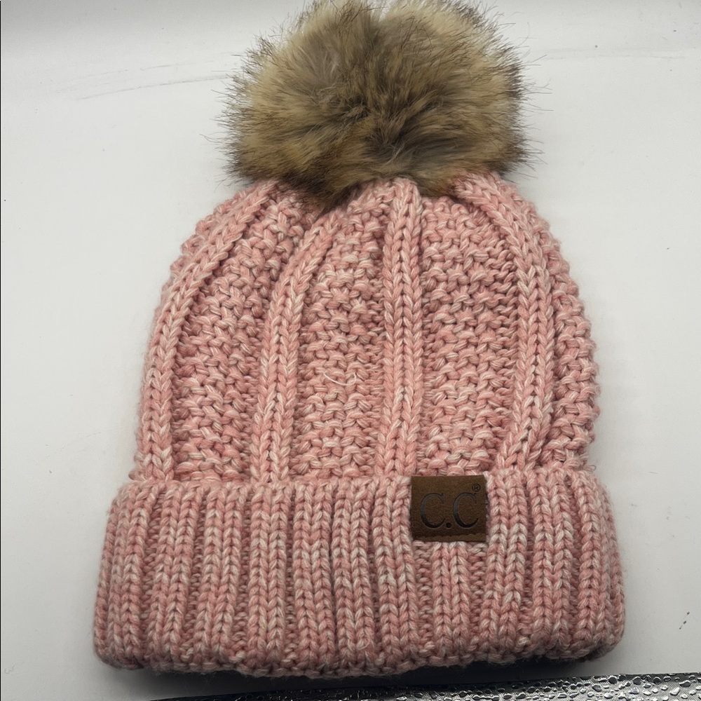 CC Exclusives Puff Ball Beanie with Warm Lining Pink &  White